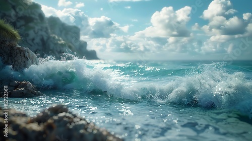 A coastal landscape with a rocky shoreline and waves photo