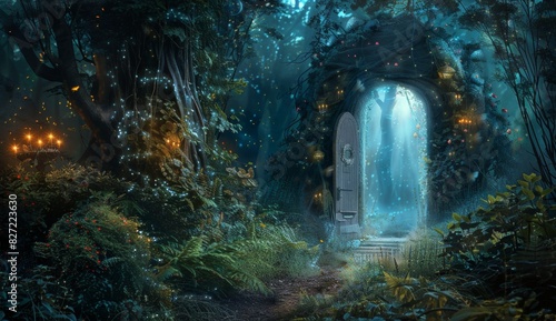 A magical forest gate with glowing light emanating from it