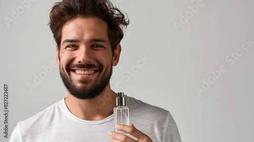 Happy man with perfume bottle photo