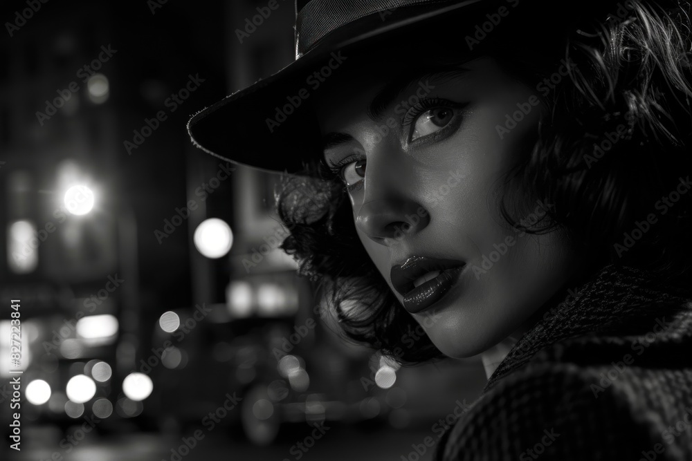 Black and white portrait of an elegant woman in the style of film noir ...