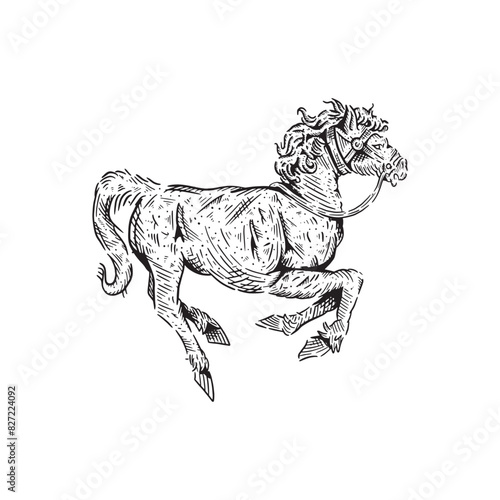 Vintage retro hand drawn running horse isolated on white background