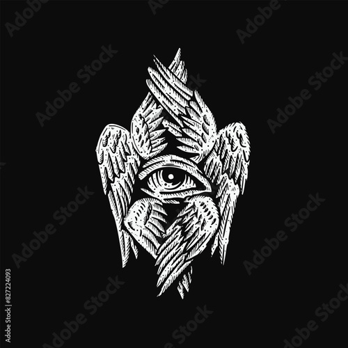 Vintage hand drawn Seraphim one eye with six wings Biblical angel art