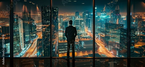 A man in black suit stands at the window of an office overlooking city lights