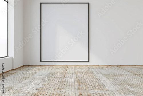 Ultra high definition 3D mockup of a blank frame in an empty room with a white wall and a bamboo mat floor. Modern  realistic render.