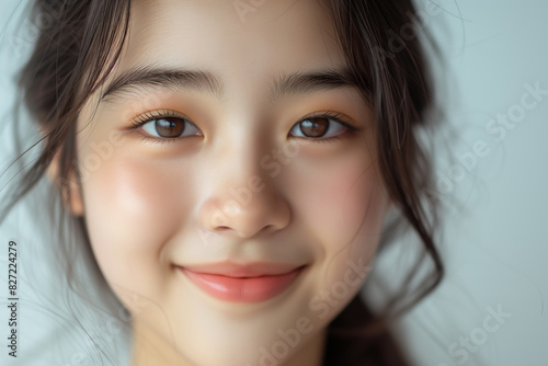 Beautiful Asian teenager in korean makeup style on white background. Copy space. Closeup