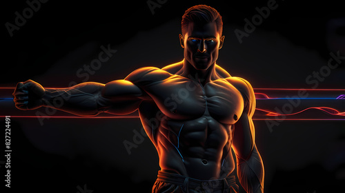 Body Builder With Neon Lighting Background 