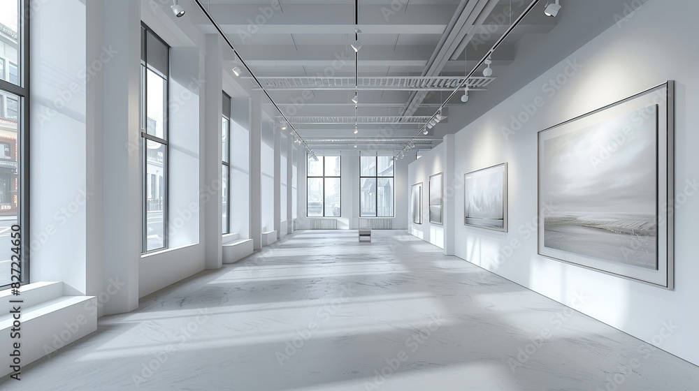 A 3D illustration of a contemporary art gallery with white walls, high ceilings, and spotlight fixtures, showcasing empty display areas for artwork. A 3D illustration of a contemporary art gallery with white walls, high ceilings, and spotlight fixtures, showcasing empty display areas for artwork.