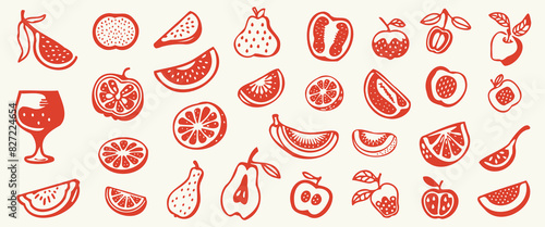 Abstract minimalist set of abstract fruit elements: oranges, lemon, apple, dragon fruit, glass, pear, watermelon, melon. Card packaging design, wine, drinks, poster.