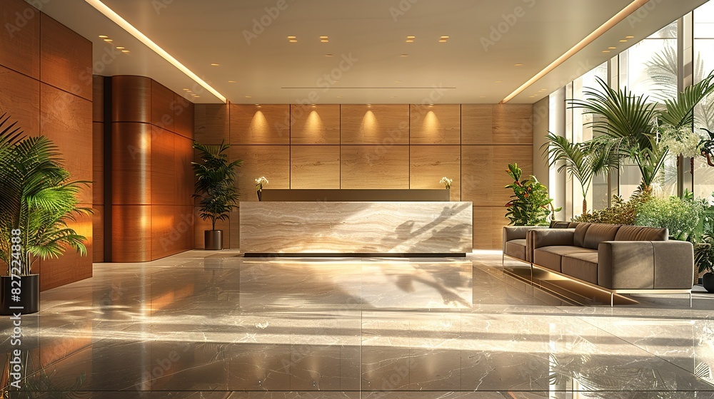 A 3D illustration of a contemporary lobby, with sleek furniture, a reception desk, and decorative plants, designed for a high-end office building or hotel. A 3D illustration of a contemporary lobby, with sleek furniture, a reception desk, and decorative plants, designed for a high-end office building or hotel.