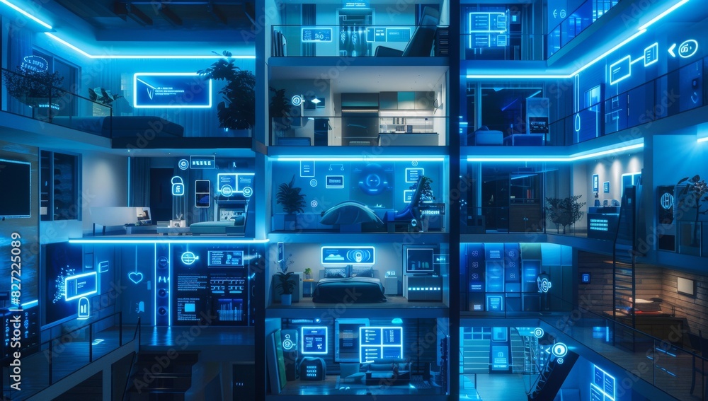A modern multi-floor building, with each floor displaying various smart home A modern multi-floor building, with each floor displaying various smart home