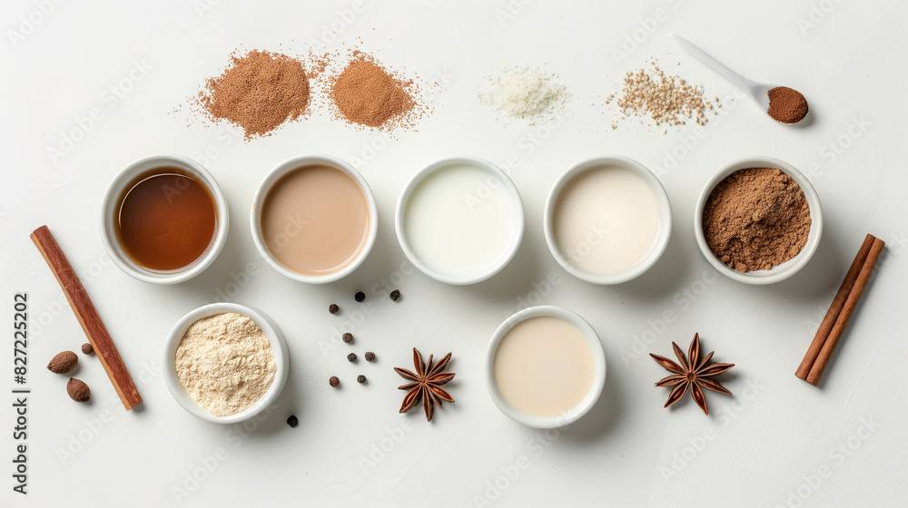 horchata Milk tea ingredients on a white background, including milk powder, cinnamon, star anise and other elements for making the drink. horchata Milk tea ingredients on a white background, including milk powder, cinnamon, star anise and other elements for making the drink.