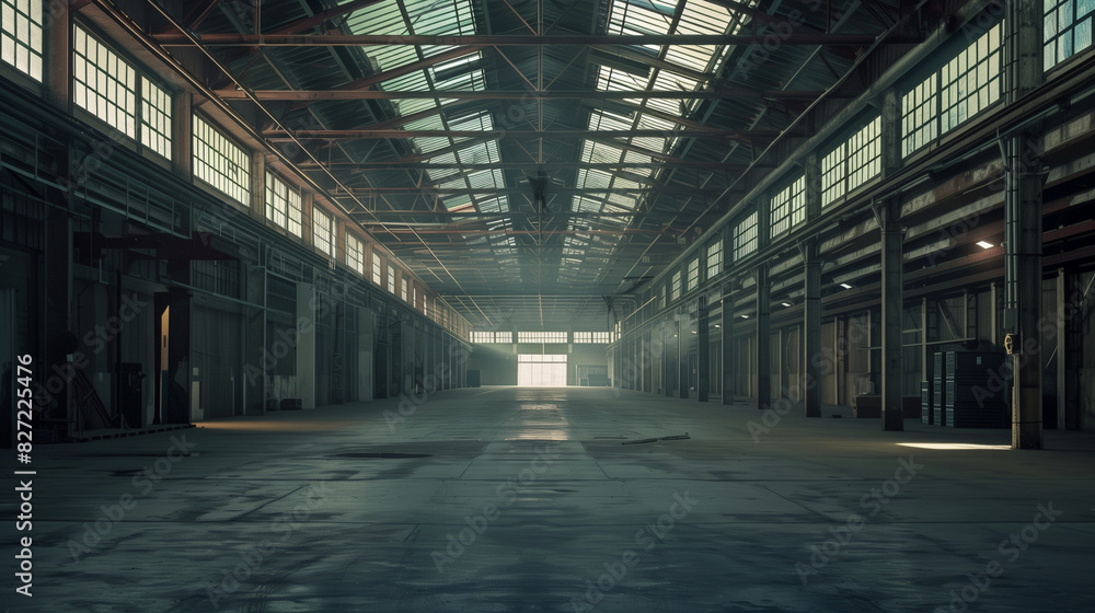 The interior of the factory appears as a spacious and empty warehouse room, where sunlight filters through the windows, illuminating the raw concrete walls. The interior of the factory appears as a spacious and empty warehouse room, where sunlight filters through the windows, illuminating the raw concrete walls.