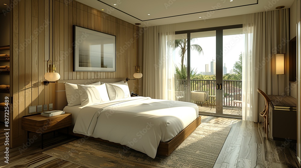 An empty, contemporary hotel room with a king-sized bed, modern furnishings, and a balcony view, illustrated in high-resolution 3D. An empty, contemporary hotel room with a king-sized bed, modern furnishings, and a balcony view, illustrated in high-resolution 3D.