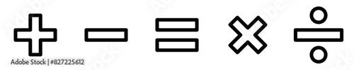 Vector icon set featuring mathematical symbols for addition, subtraction, multiplication, division, and equals, in a clear black and white style. Editable stroke.