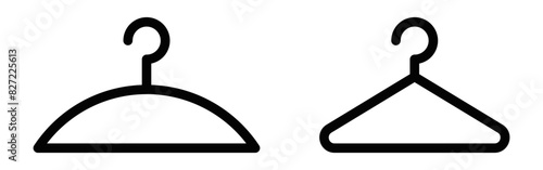 Two vector icons of various clothes hangers, ideal for fashion and retail themes, rendered in a sleek black and white style. Editable stroke.