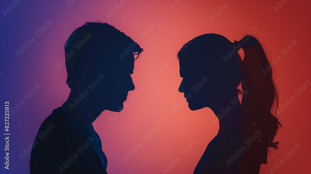 Darkness surrounds the silhouettes of a man and a woman standing face to face. Their bodies express tension and frustration, while their gestures suggest conflict or misunderstanding. Darkness surrounds the silhouettes of a man and a woman standing face to face. Their bodies express tension and frustration, while their gestures suggest conflict or misunderstanding.
