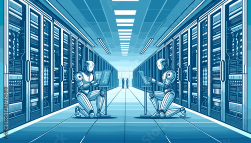 Conceptual image of a humanoid robot working in a data center. Vector illustration.