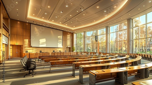 A spacious, modern lecture hall with tiered seating, a large projection screen, and advanced audio-visual equipment, depicted in a 3D illustration. © DARIKA