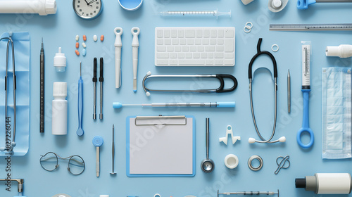 From a bird's eye view, we observe a set of medical accessories on a table, creating a background perfect for use in the healthcare industry.