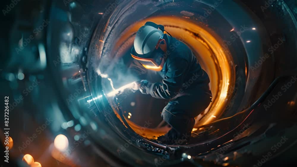 Heavy industrial welders perform welding operations inside pipes. Construction of natural gas pipelines and NLG fuel pipelines Heavy industrial welders perform welding operations inside pipes. Construction of natural gas pipelines and NLG fuel pipelines