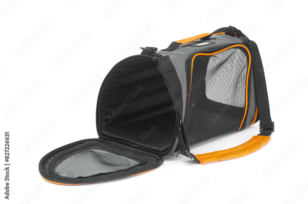 Empty opened carrier pet bag isolated on white background Empty opened carrier pet bag isolated on white background