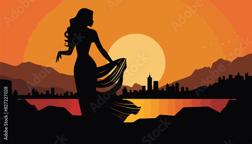 Silhouette of a beautiful mermaid on the background of the sunset