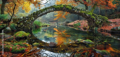 beautiful stone making bridge view in forest during autumn 