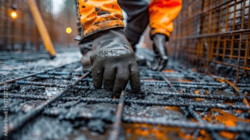 installing steel reinforcement bars for concrete foundation at high rise building site photo