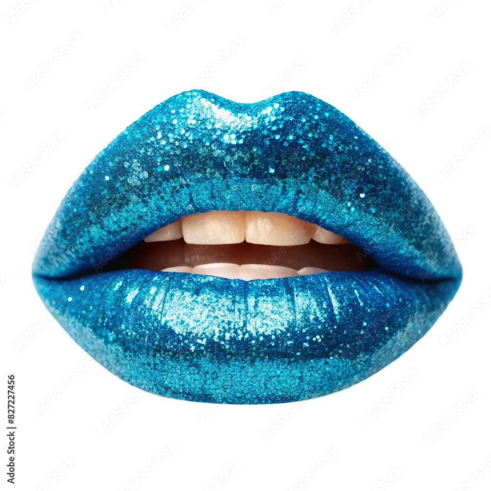 Blue Glam Shimmered Smiling Lips Isolated on White Transparent Background, PNG Element Blue Glam Shimmered Smiling Lips Isolated on White Transparent Background, PNG Element