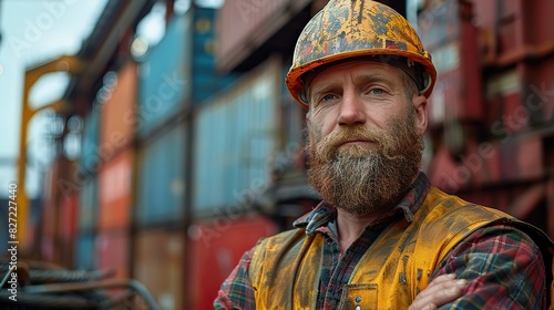 caucasian bearded construction worker with safety helmet on head in vest standing with arms crossed at construction site