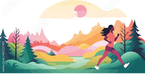 Young woman jogging in nature. Vector illustration in flat style.