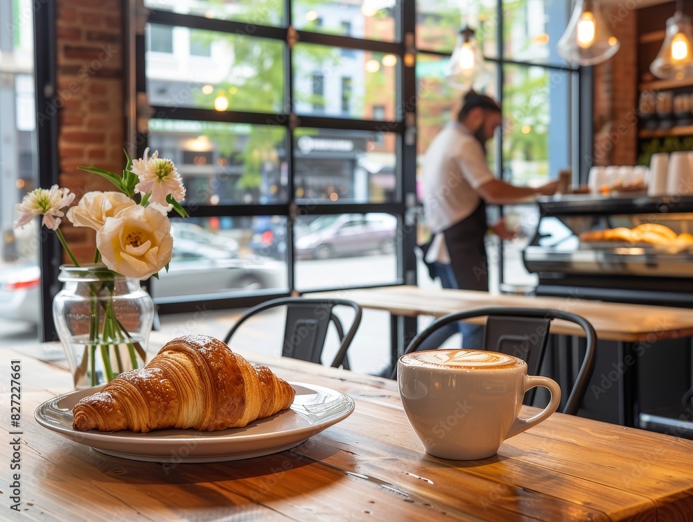 A cozy cafe setting with a croissant on a plate and a cup of coffee on a wooden table, flowers in the background. A cozy cafe setting with a croissant on a plate and a cup of coffee on a wooden table, flowers in the background.