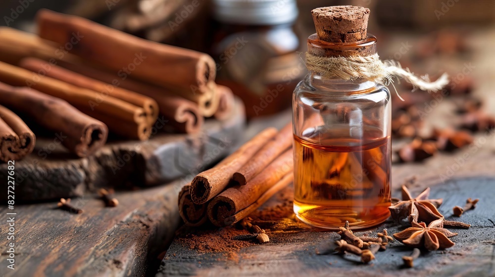 Cinnamon essential oil and wood mon background. selective focus. Generative AI, Cinnamon essential oil and wood mon background. selective focus. Generative AI,