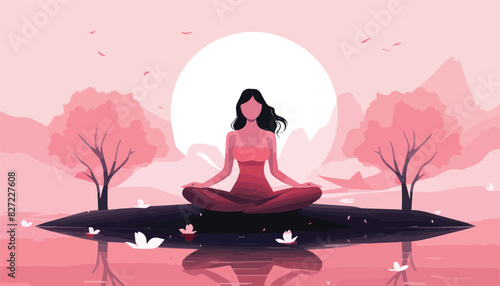 Woman practicing yoga in lotus position on lake. Vector illustration.