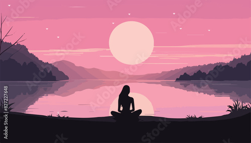 Woman meditating in lotus position on the lake at sunset vector illustration