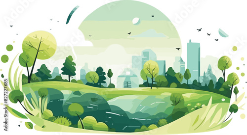 Vector illustration of a green city landscape with a river, houses and trees
