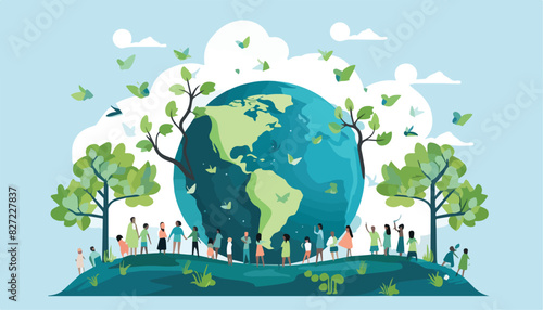 Ecology concept. People standing around the world. Flat vector illustration.