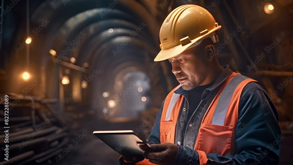 A tunnel engineer in a white hard hat uses a digital tablet diligently. Follow the construction process A tunnel engineer in a white hard hat uses a digital tablet diligently. Follow the construction process