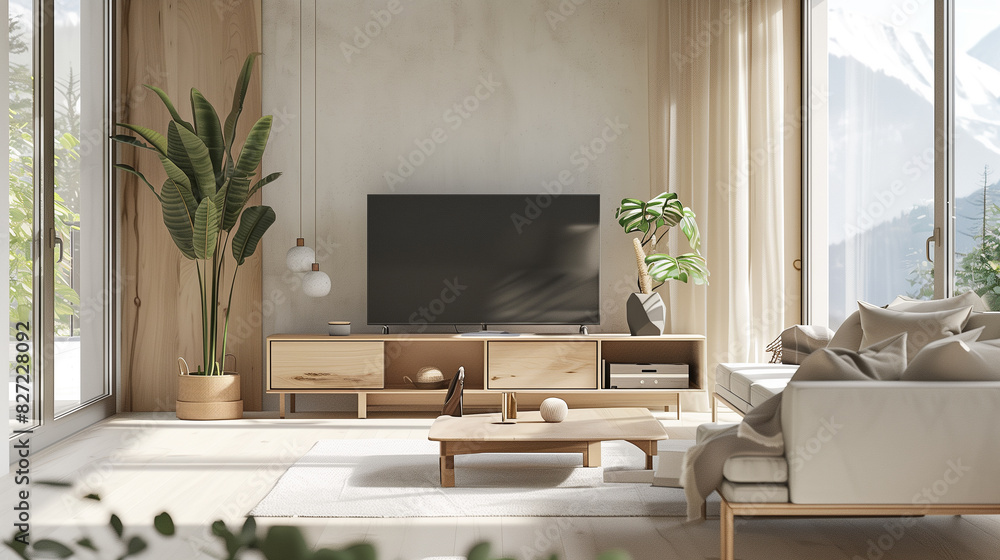 Scandinavian TV lounge, light wood furniture, minimalist sofa, neutral color palette, sleek TV stand, and large windows Scandinavian TV lounge, light wood furniture, minimalist sofa, neutral color palette, sleek TV stand, and large windows