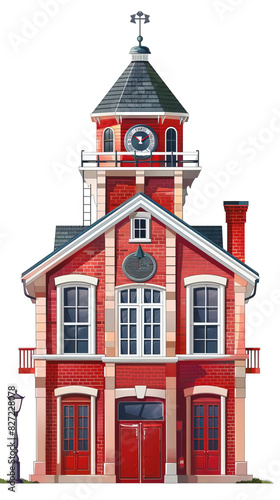 A beautiful red brick lighthouse building with a clock and weather vane, surrounded by clear blue skies.
