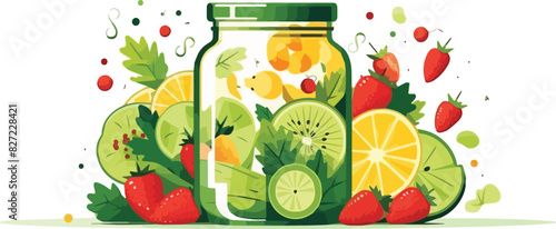 Mason jar with ingredients for lemonade or smoothie. Vector illustration.