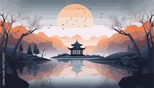 Autumn landscape with lake and pagoda. Vector illustration in flat style