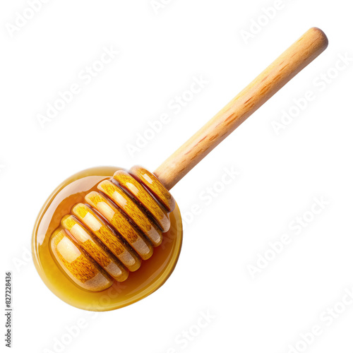 Honey Stick Top View with Honey Drizzle Isolated on White Transparent Background, PNG Element. Wooden honey dipper
