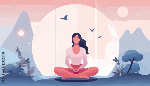 Young woman meditating in lotus position. Vector illustration in flat style