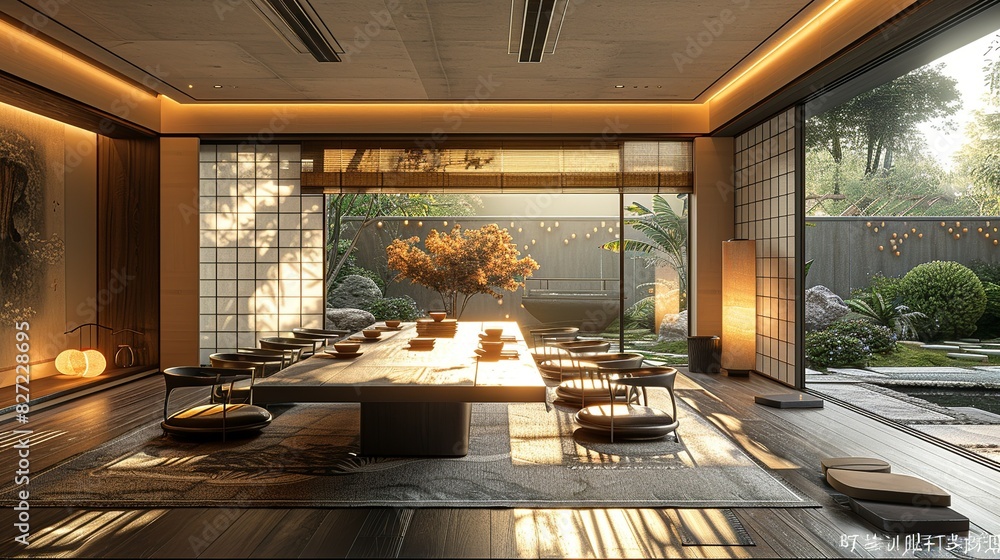 An empty, contemporary dining area with a large table, stylish chairs, and ambient lighting, illustrated in a detailed 3D style. An empty, contemporary dining area with a large table, stylish chairs, and ambient lighting, illustrated in a detailed 3D style.