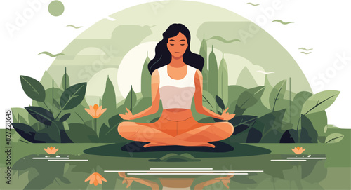 Vector illustration of woman meditating in lotus position on nature background