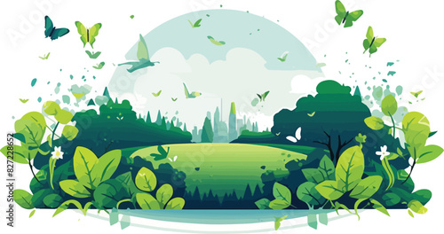 Vector illustration of a green landscape with trees, grass and butterflies.