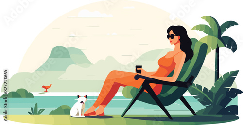 Woman sitting on sun lounger with dog. Vector illustration in flat style