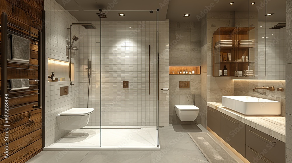 A modern, minimalist bathroom with a glass shower, sleek fixtures, and a clean design, depicted in a high-resolution 3D illustration. A modern, minimalist bathroom with a glass shower, sleek fixtures, and a clean design, depicted in a high-resolution 3D illustration.