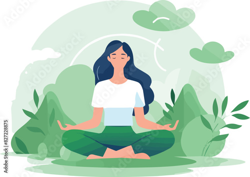 Wallpaper Mural Woman meditating in the lotus position on the nature background. Vector illustration Torontodigital.ca